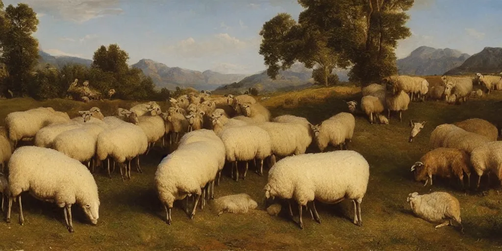 Prompt: artwork by eugene von guerard, max bedulenko, maria fortuny, a herd of sheep