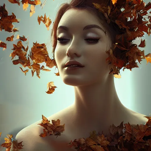 Image similar to a highly detailed digital image of an elegant woman surrounded and engulfed in leaves, matte background, artstation, detailed woman, stunning volumetric lighting, elegant, fantasy, 4k, 8k