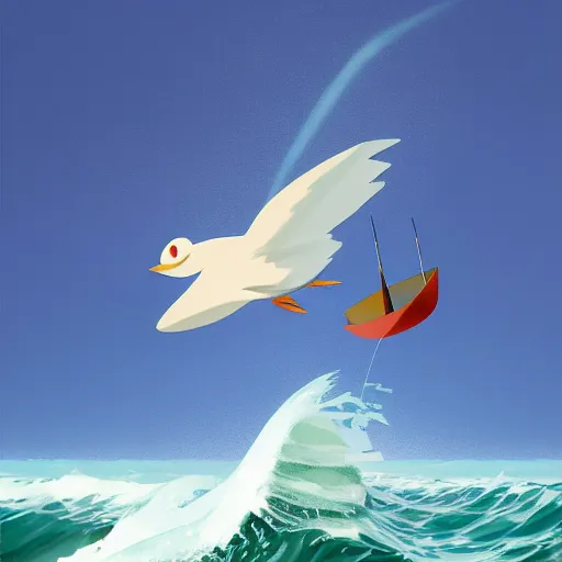 Prompt: goro fujita ilustration a bird flying over a fishing boat in the middle of the ocean with waves, foam on the waves, painting by goro fujita, sharp focus, highly detailed, artstation