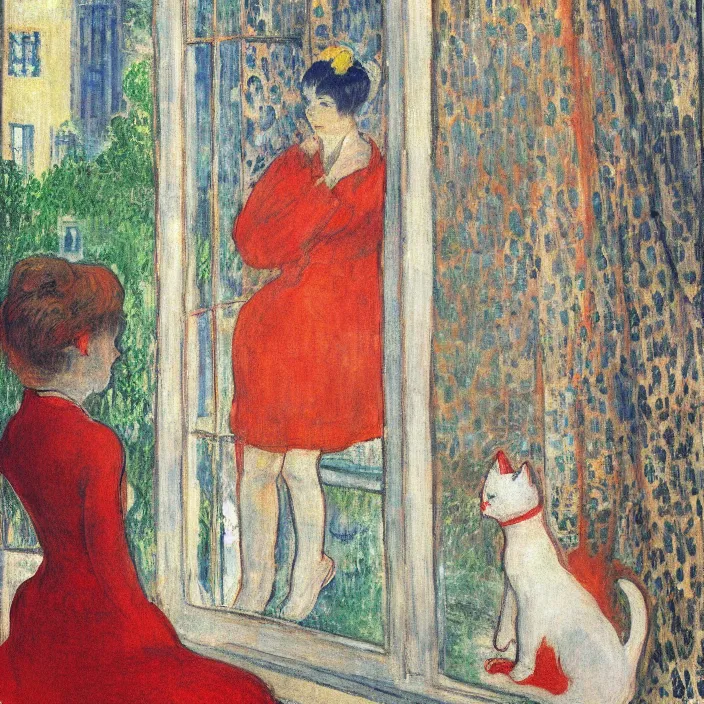 Image similar to woman in vermillion dress and white cat with city with gothic cathedral seen from a window frame with curtains. thunderstorm. bonnard, henri de toulouse - lautrec, utamaro, matisse, monet