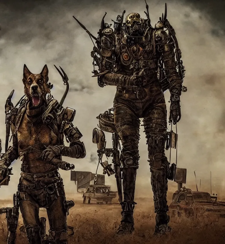 Image similar to a good ol'hound dog fursona ( from the furry fandom ), heavily armed and armored facing down armageddon in a dark and gritty version from the makers of mad max : fury road. witness me.