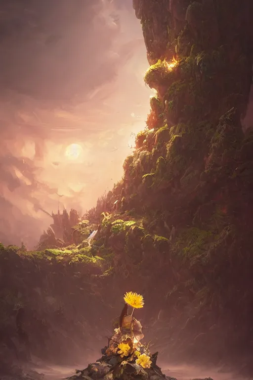 Image similar to a fancy portrait of a giant flower guarded by a worrier by Greg Rutkowski, Sung Choi, Mitchell Mohrhauser, Maciej Kuciara, Johnson Ting, Maxim Verehin, Peter Konig, final fantasy, Marco lense , 8k photorealistic, cinematic lighting, HD, high details, atmospheric , trending on artstation