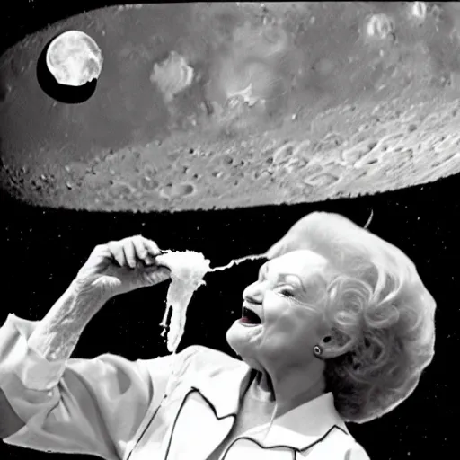 Image similar to betty white eating a hotdog on the moon