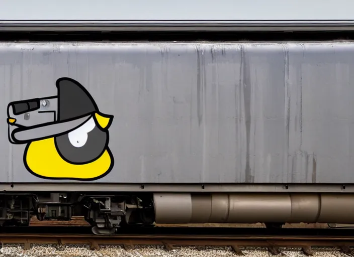 Image similar to The duck emoji spray-painted on the side of a train car, award winning photo, 8k