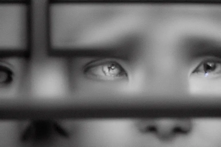 Image similar to an 8 5 mm portrait of a justin sun in prison looking through the bars of his cell, by annie leibovitz, shallow depth of field, cinematic lighting