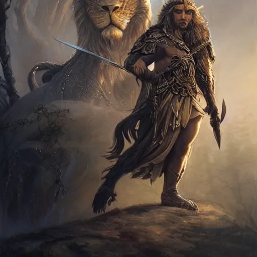 Image similar to a beautiful ultradetailed portrait of a elven elite warrior! beautiful large battle axe in his hand, with a lion pelt on his back, by greg rutkowski, karol bak and peter mohrbacher, volumetric lighting, magical realism, dark, elf,