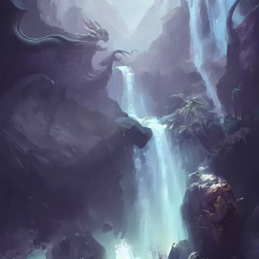 Prompt: slender dragon relaxing by a waterfall, digital painting, artstation, art by Jaime Jones