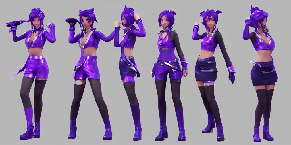 Image similar to character sheet of KDA Caitlyn (League of Legends), blue hair, 3d render, 8k resolution, octane render, sfw