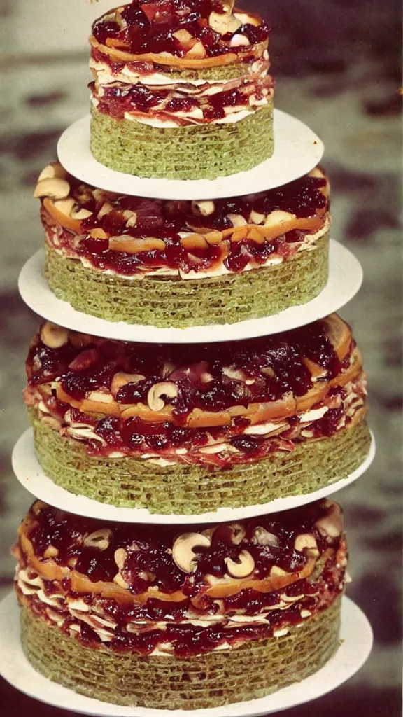 Prompt: a 7 0 s photo of a multi - tiered cake made with pickles, ham, mushrooms and jam