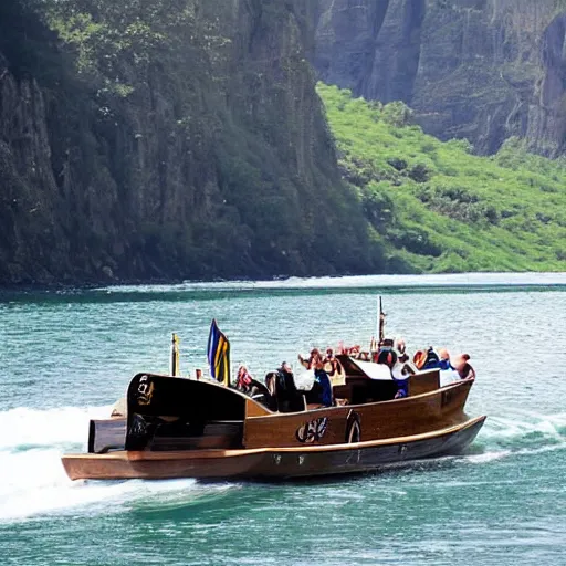 Prompt: viking speedboat sailing down a river