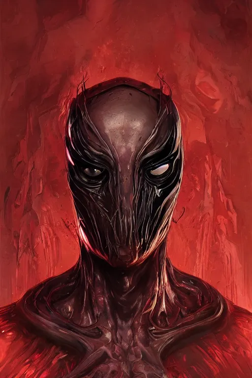 Image similar to Portrait of Steve Buscemi face as symbiote Carnage swallow it, red, marvel comics, dark, intricate, highly detailed, smooth, artstation, digital illustration by Ruan Jia and Mandy Jurgens and Artgerm and Wayne Barlowe and Greg Rutkowski and Zdislav Beksinski