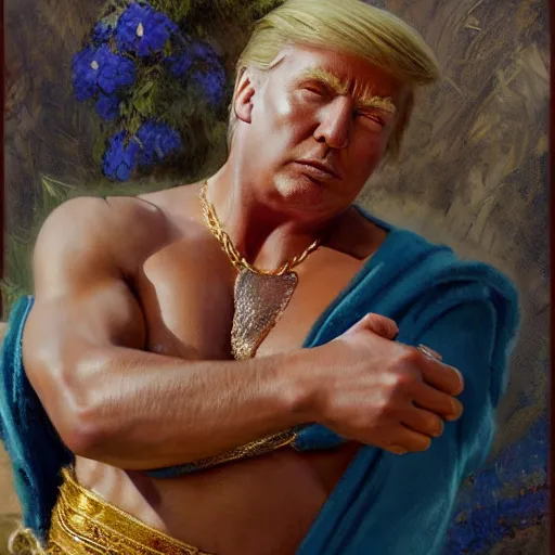 Prompt: detailed realistic cinematic wide shot of beautiful attractive muscular donald trump with gold chain wearing blue bath robe slim face symettrical face clean skin black eyes black robe smooth, sharp focus, ultra realistic, spring light, painting by gaston bussiere, craig mullins, j. c. leyendecker