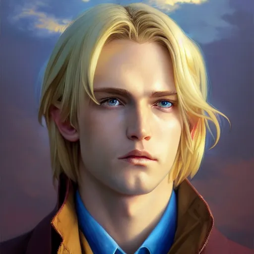 Prompt: highly detailed vfx portrait of a blond centre parting pretty boy with blue eyes by eiichiro oda, makoto shinkai, alphonse mucha, sakimichan, sharp focus, art by artgerm and greg rutkowski!, backlit, harsh overhead sunlight, detailed,