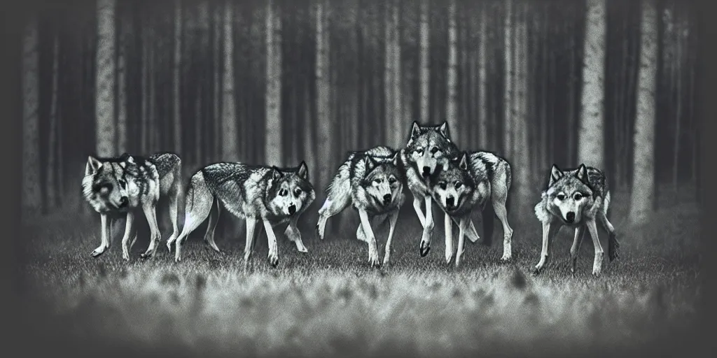 Prompt: pack of wolves in the wood, artwork by bill stoneham, mystic, melancholy, pinhole analogue photo quality, lomography, blur, unfocus, cinematic, foil effect, holographic effect, monochrome