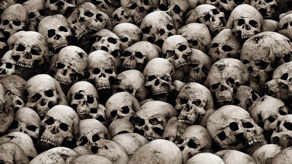 Prompt: a big pile of human skulls in a wasteland with vultures