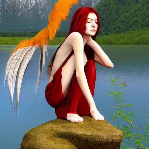 Prompt: Harpy, young woman, red feathered wings, bird legs, wearing Inka clothes, sad expression, sitting at a pond, mountainous area, trees in the background, trending on artstation