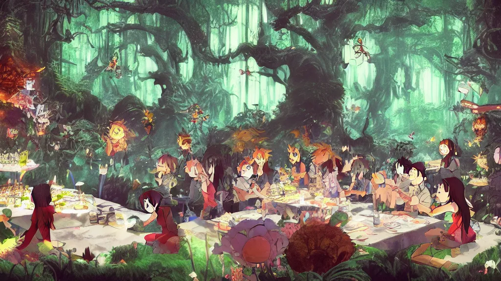 Image similar to a birthday party in a mystical magic forest, cinematic scene, studio ghibli, frank frazetta, trending on artstation