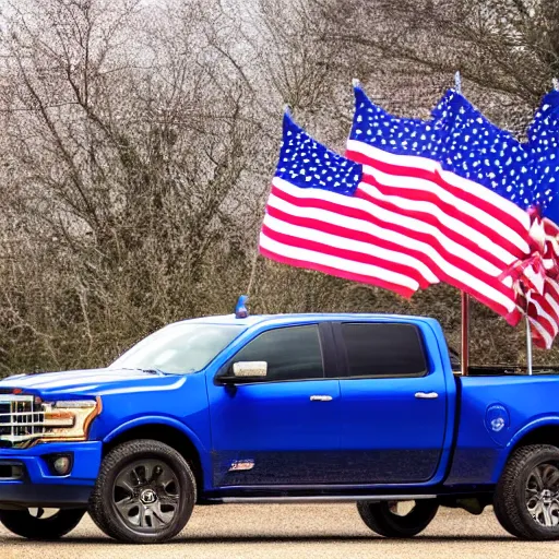 Image similar to photo of big blue biden pickup trucks with american flags on them.