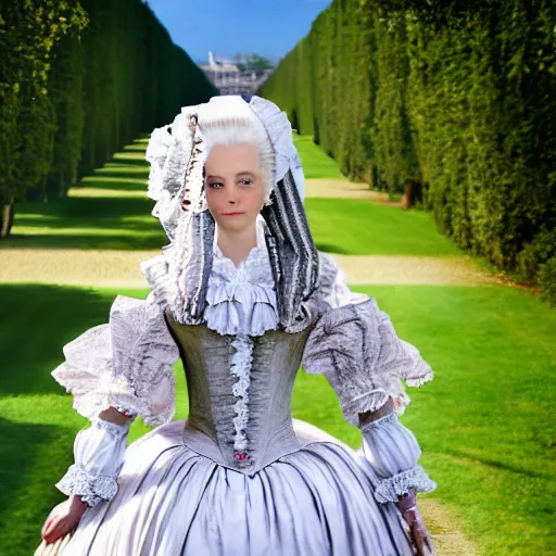 Image similar to marie antoinette walking in versailles, outdoor, sunny day, wow 4 k detail fantasy, matte painting, realistic materials, photo realistic, postprocessing, cinematic, hyperrealistic, studio lighting, ekaterina, the tudors, photography by richard jenkins