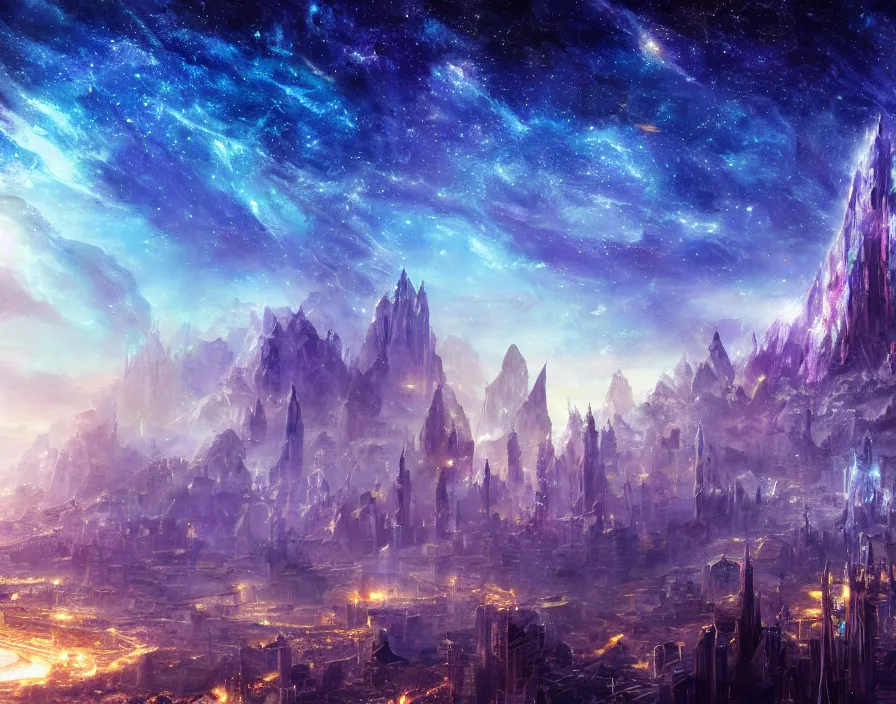 Image similar to city with crystals, fantasy artwork, very beautiful scenery, sky is made up of cosmic stars, hd, hdr, ue 5, ue 6, unreal engine 5, cinematic 4 k wallpaper, 8 k, ultra detailed, by popular digital, details, beautiful image ever created, high resolution, artstation, award winning