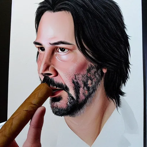 Prompt: a detailed portrait of keanu reeves smoking a cigar art illustration, incredibly highly detailed and realistic, 8 k, sharp focus