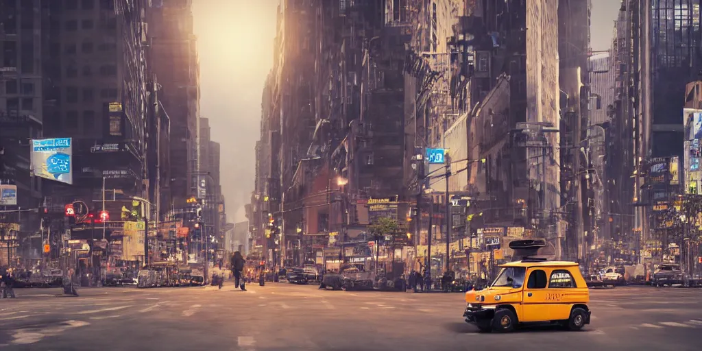 Image similar to a tuk tuk walking through a desolate manhattan city street at night statue of liberty seen in the background realistic 4 k octane beautiful