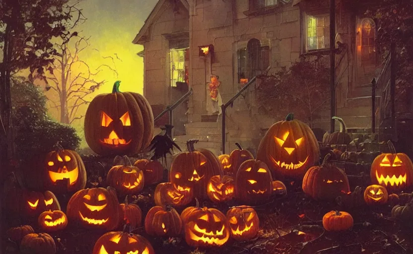 Image similar to halloween scene in a suburban neighborhood, surrounded by ancient monoliths with glowing runes. highly detailed science fiction painting by norman rockwell, frank frazetta, and syd mead. rich colors, high contrast, gloomy atmosphere, dark background. trending on artstation