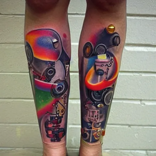 Image similar to leg tattoo of a 3 dimensional hole in the skin with multicolored tubes and robotic mechanics inside under the skin, insanely integrate,