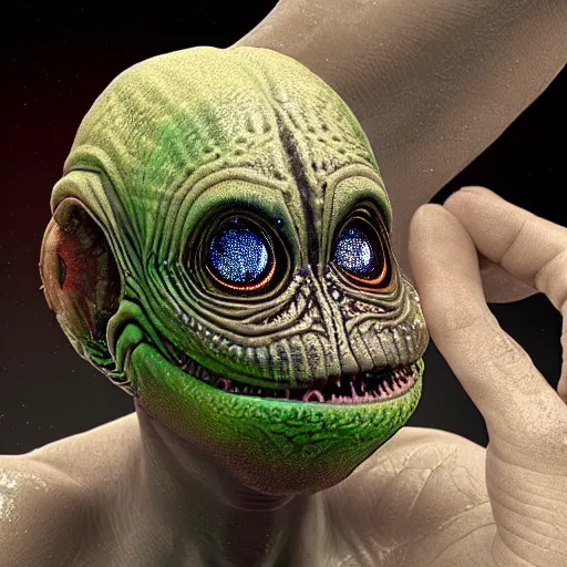 Image similar to “Holographic thermography scan of a alien with big bug eyes , the skin texture of the alien is slime with visualization of veins in 4k, the aliens mouth is human like and it has human form, worms and holes in it’s head using depth field, unreal engine, 4k concept art and hyper realism, overlay of worms on the alien head”