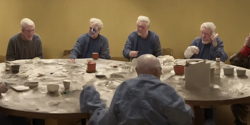 Prompt: film still of wrinkly old men wearing surgical masks sitting at a small round table and finger painting, directed by david lynch, vibrant colours