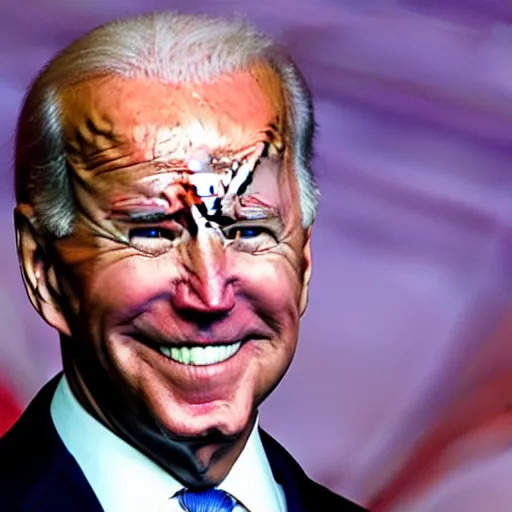 Image similar to joe biden in shadow grinning glowing eyes, backlit, 8 k, rule of thirds, ultra detailed.