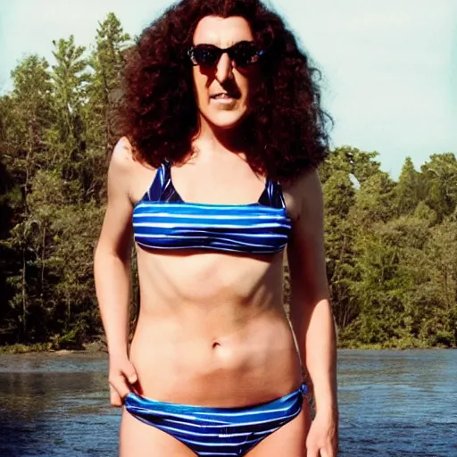Prompt: weird al in a bikini,