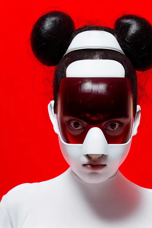 Image similar to symmetrical portrait of a woman wearing a red embroidered translucent silicone mask and black frizzy hair buns, wearing a white bodysuit by alexander mcqueen, white background, soft diffused light, biotechnology, futuristic aesthetic, translucent, ethereal, intricate details, highly detailed, masterpiece,