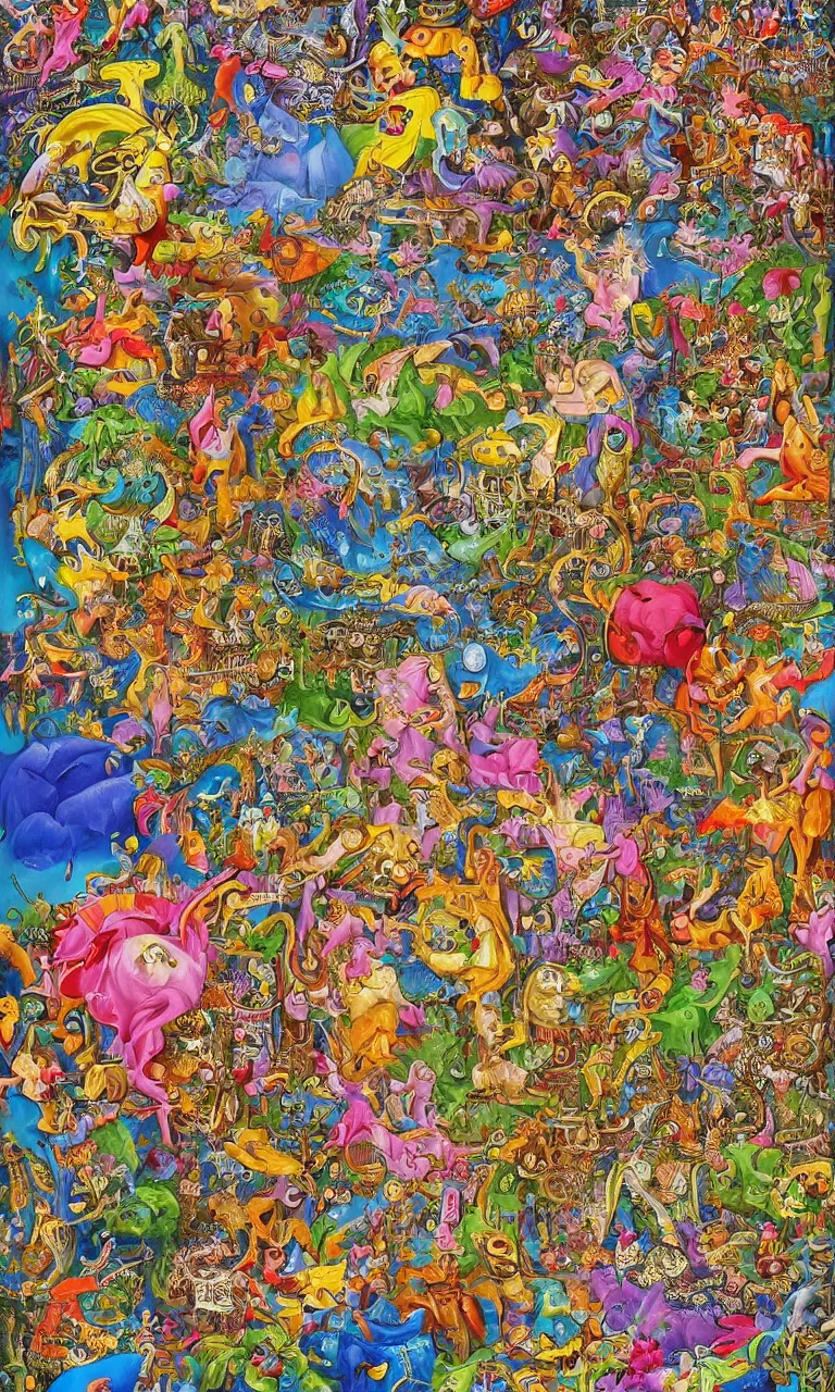 Prompt: an incredibly detailed masterpiece painting of a I SPY puzzle by bosch and lisa frank, ornate, beautiful, bold colors, detailed, high resolution, wow!, intricate