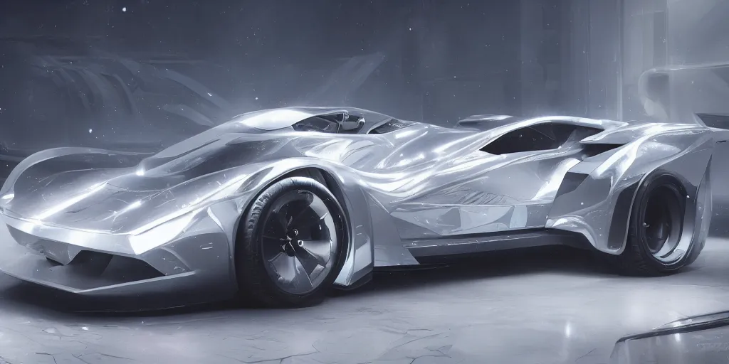 Image similar to full view of a car, painted in white holographic pearlescent, elegant, digital painting, concept art, smooth, sharp focus, art style from Wang Ke and Greg Rutkowski and Bruce Kaiser and Scott Robertson and Dmitry Mazurkevich and Doruk Erdem and Jon Sibal, small style cue from Blade Runner