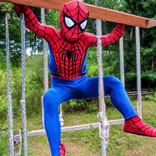 Prompt: Spiderman swinging on monkey bars