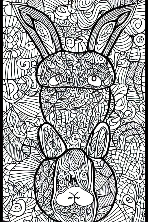 Image similar to bunny head, ornaments, closed shapes, outlines, ink drawing, line art colouring page