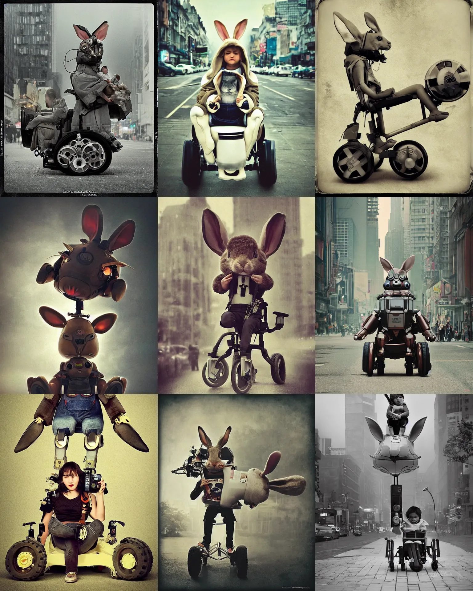 Prompt: dramatic!!! epic pose!!! giant oversized battle rabbit robot chubby mech baby sport wheelchair! double decker with giant oversized ears and rabbit babies in sitting pose ,in busy city , full body , Cinematic focus, Polaroid photo, vintage , neutral dull colors, soft lights, foggy mist , by oleg oprisco , by national archives, by discovery channel, by victor enrich , by gregory crewdson