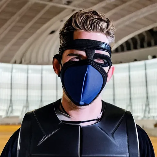 Image similar to medium face shot of adult Austin Butler with exposed head ((((mask)))), dressed in black-prussian blue futuristic-tudoresque clothing with embroidered-Ram-emblem, and nanocarbon-vest, in an arena in Dune 2021, XF IQ4, f/1.4, ISO 200, 1/160s, 8K