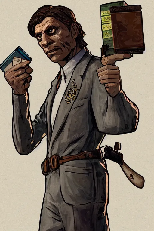 Image similar to saint homo neanderthalis, with book of science, on his right hand, and riffle, on his left hand, without duplicate content, violet polsangi pop art, gta chinatown wars art style, bioshock infinite art style, incrinate, realistic anatomy, hyperrealistic, two colors, white frame, balance content position