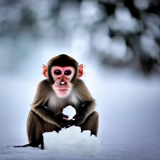 Prompt: beatiful photograph of monkey sitting in the center of the image whilst holding a snowball in its arms