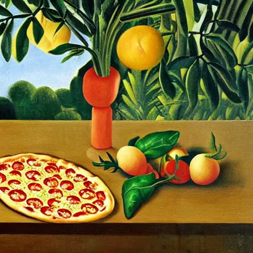 Image similar to A magaritha pizza on a marble table in a garden by Henri Rousseau