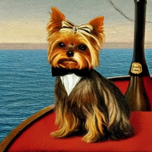 Image similar to a Yorkshire terrier wearing a black bow tie and drinking a bottle of champagne on a yacht in heaven, extremely detailed masterpiece, illustration, by Michael Sowa,