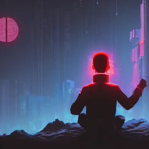 Image similar to in the style of max prentis and deathburger and laurie greasley a young explorer wearing a cyberpunk headpiece meditating next to a floating triangular glowing monolith, highly detailed, 8 k wallpaper