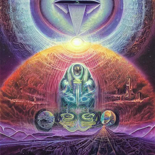 Image similar to hermetic, occult, surreal, hidden knowledge by Paul Lehr, Karl Kopinski and Alex Grey