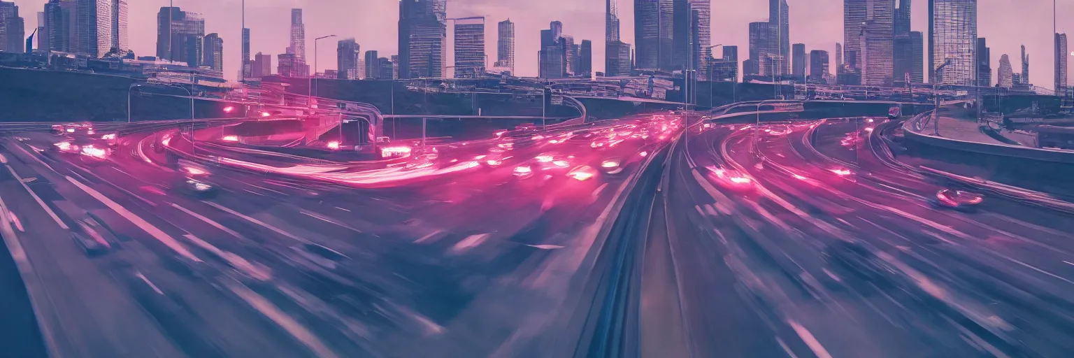 Image similar to 8 0 s neon movie still, high speed car chase on the highway with city in background, medium format color photography, 8 k resolution, movie directed by kar wai wong, hyperrealistic, photorealistic, high definition, highly detailed, tehnicolor, anamorphic lens