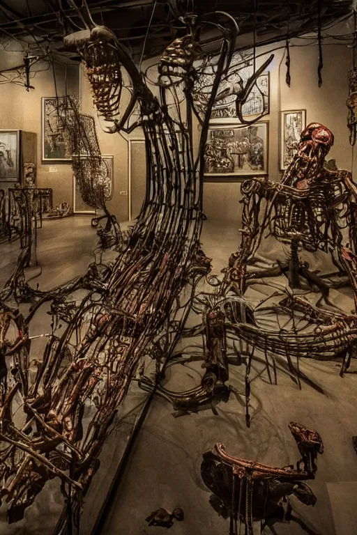 Image similar to inside a museum, a room where body parts are piece of arts at night biomechanical, filth and grim, wires and strings, very detailed, ultra realistic photography, grainy image