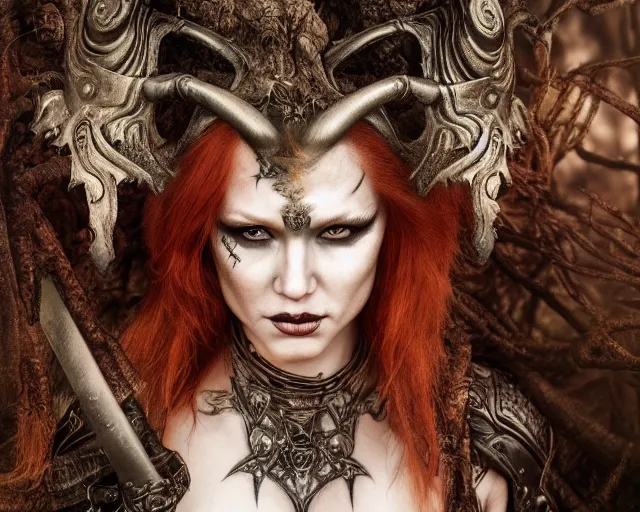 Image similar to 5 5 mm portrait photo of an armored gorgeous anesthetic redhead woman warrior with a face tattoo and demon horns growing from her head, in a magical forest in the style of stefan kostic, art by luis royo. highly detailed 8 k. intricate. lifelike. soft light. nikon d 8 5 0. cinematic post - processing