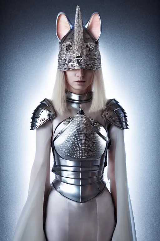 Image similar to female knight wearing a real cat on her head, armor designed by wayne barlowe, swarovski and tiffany, blonde hair, symmetry, sci - fi, cinematic, elegant, luxury, perfect light, perfect composition, dlsr photography, sharp focus, dark fantasy, 8 k, ultra hd, sense of awe, highly detailed, realistic, intricate