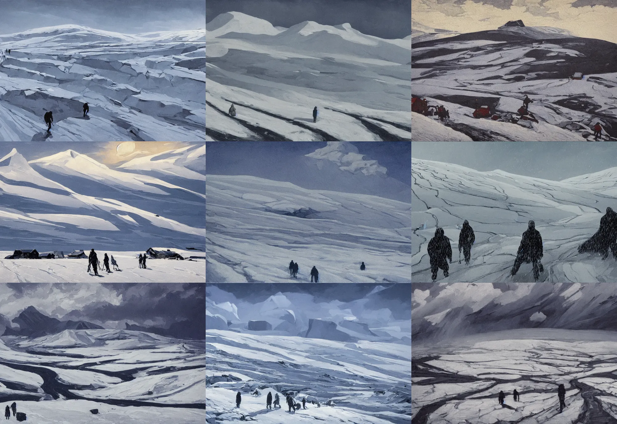 Prompt: travelers have hard track through snowy and iced fields, epic composition, cold, winter landscape, glacier, faroe island, cost, clouds, shot from danis villeneuve movie, roger deakins filming, nightfall, soviet artists, painting in the style of Alfred Joseph Casson, in the style of Phil Buytendorp and karezoid artist